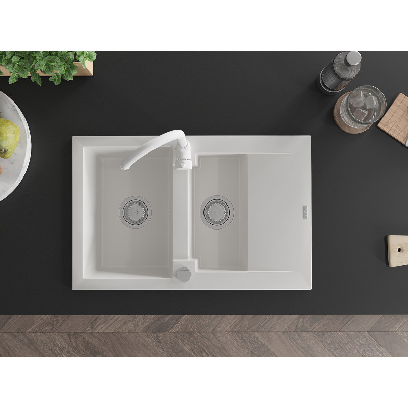 Mexen Gaspar granite sink 1.5-bowl with drainer and Telma kitchen faucet, white - 6507-20-670200-20