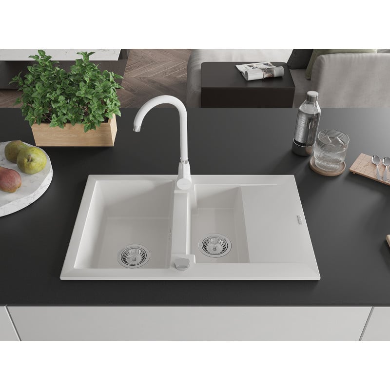 Mexen Gaspar granite sink 1.5-bowl with drainer and Telma kitchen faucet, white - 6507-20-670200-20