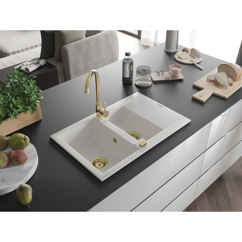 Mexen Gaspar granite sink 1.5-bowl with drainer and Telma kitchen faucet, white - 6507-20-670200-50