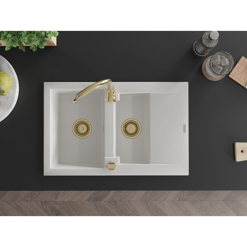 Mexen Gaspar granite sink 1.5-bowl with drainer and Telma kitchen faucet, white - 6507-20-670200-50