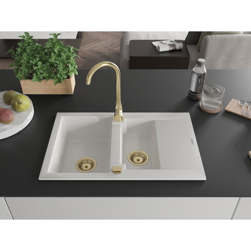 Mexen Gaspar granite sink 1.5-bowl with drainer and Telma kitchen tap, white - 6507-20-670200-50