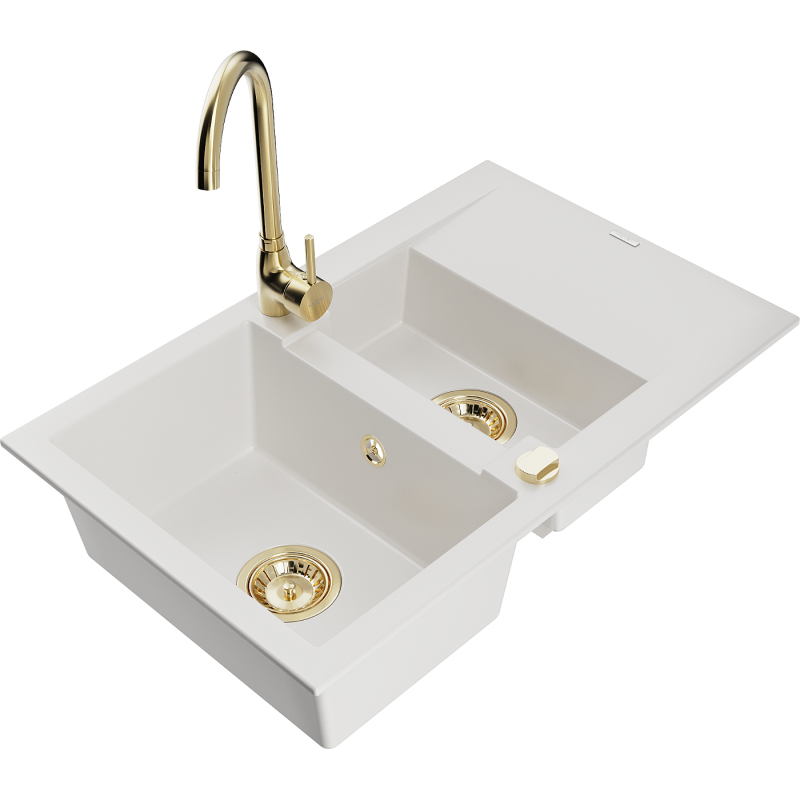 Mexen Gaspar 1.5-compartment granite sink with a drip tray and kitchen mixer tap Telma, White - 6507-20-670200-50
