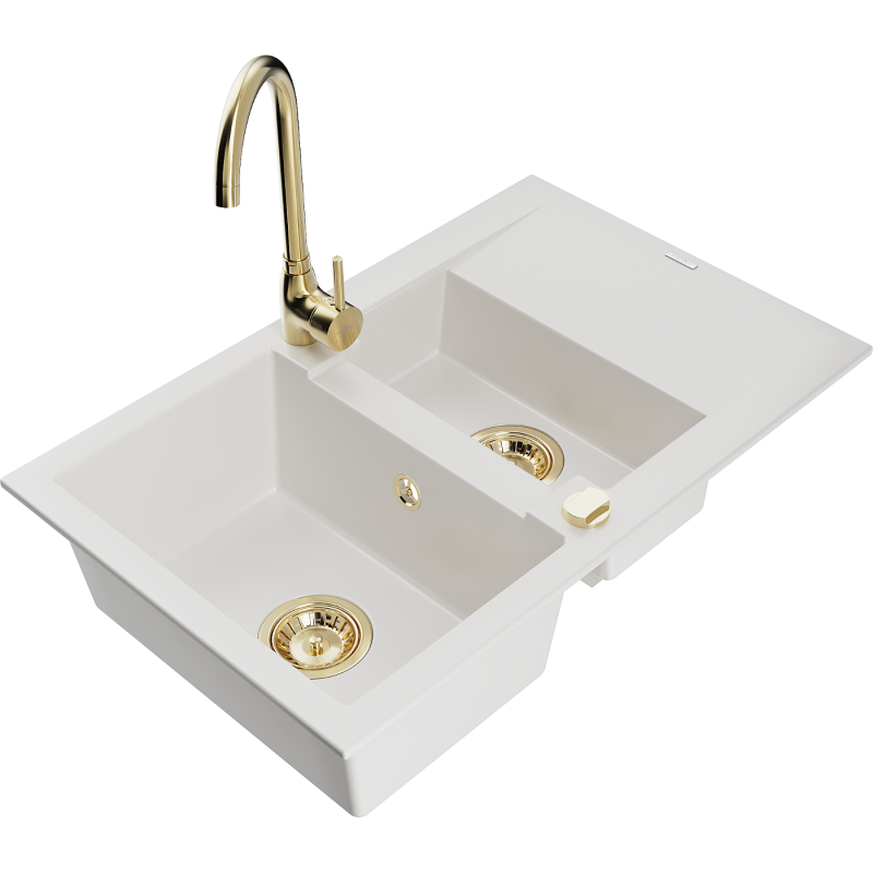 Mexen Gaspar granite sink 1.5-bowl with drainer and Telma kitchen tap, white - 6507-20-670200-50