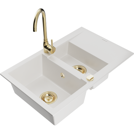 Mexen Gaspar granite sink 1.5-bowl with drainer and Telma kitchen faucet, white - 6507-20-670200-50