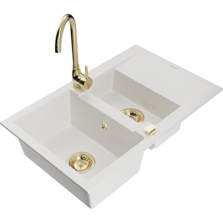 Mexen Gaspar granite sink 1.5-bowl with drainer and Telma kitchen tap, white - 6507-20-670200-50