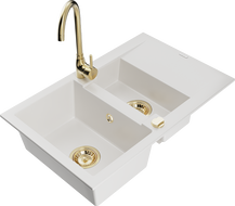 Mexen Gaspar granite sink 1.5-bowl with drainer and Telma kitchen faucet, white - 6507-20-670200-50