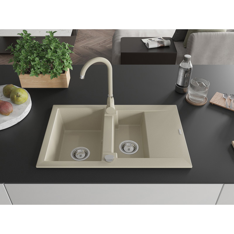 Mexen Gaspar 1.5-bowl granite sink with drainer and Telma kitchen faucet, beige - 6507-69-670200-69