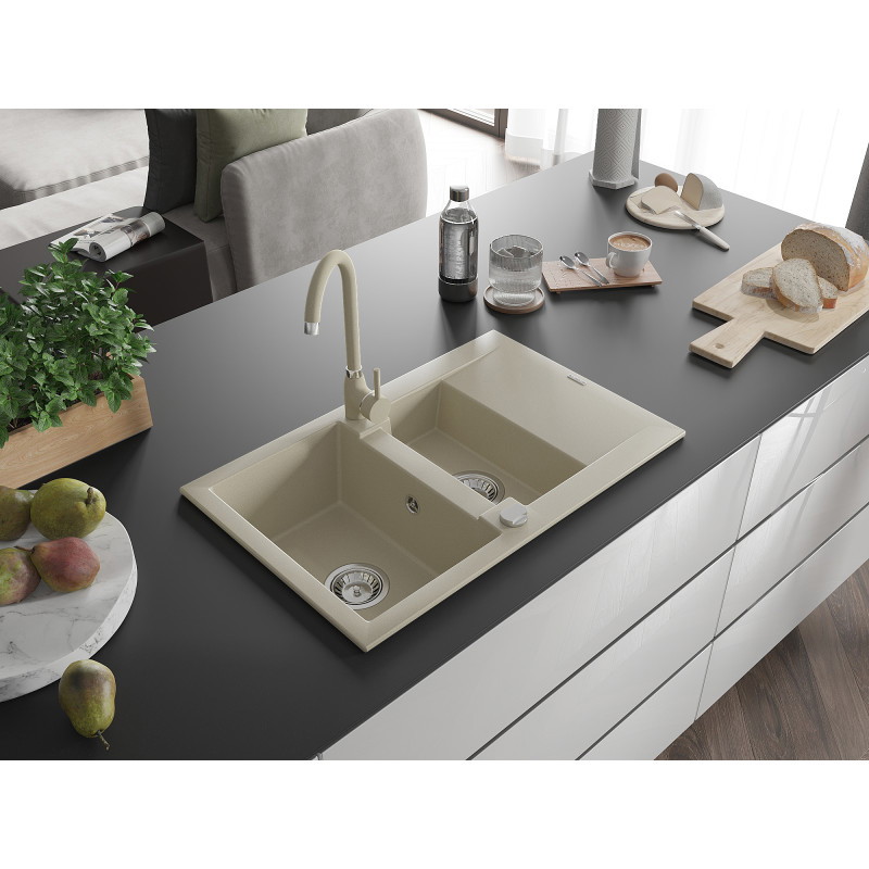 Mexen Gaspar 1.5-bowl granite sink with drainer and Telma kitchen faucet, beige - 6507-69-670200-69