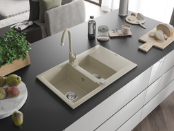 Mexen Gaspar 1.5-bowl granite sink with drainer and Telma kitchen faucet, beige - 6507-69-670200-69