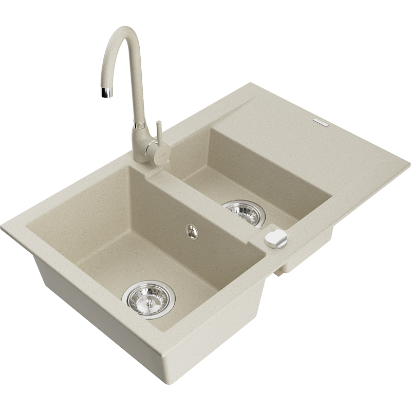 Mexen Gaspar granite sink 1.5-bowl with drainer and Telma kitchen tap, beige - 6507-69-670200-69