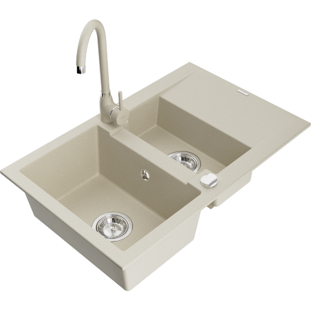 Mexen Gaspar granite sink 1.5-bowl with drainer and Telma kitchen tap, beige - 6507-69-670200-69
