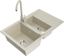 Mexen Gaspar 1.5-bowl granite sink with drainer and Telma kitchen faucet, beige - 6507-69-670200-69
