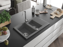 Mexen Gaspar granite sink 1.5-bowl with drainer and Telma kitchen faucet, gray - 6507-71-670200-00