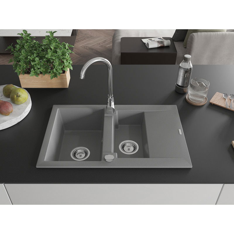 Mexen Gaspar granite sink 1.5-bowl with drainer and Telma kitchen tap, grey - 6507-71-670200-00