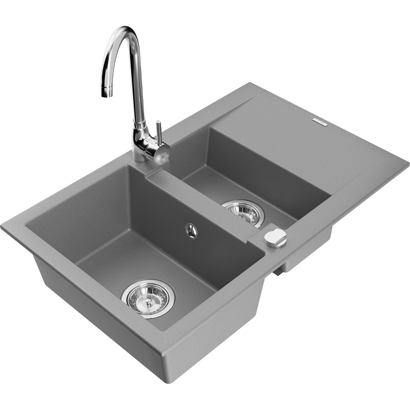 Mexen Gaspar granite sink 1.5-bowl with drainer and Telma kitchen tap, grey - 6507-71-670200-00