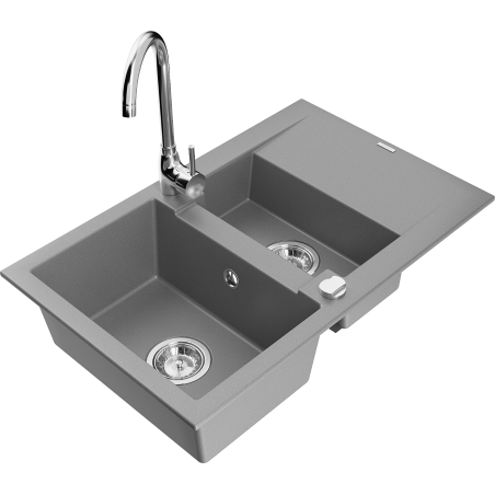 Mexen Gaspar granite sink 1.5-bowl with drainer and Telma kitchen tap, grey - 6507-71-670200-00