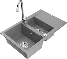 Mexen Gaspar granite sink 1.5-bowl with drainer and Telma kitchen faucet, gray - 6507-71-670200-00