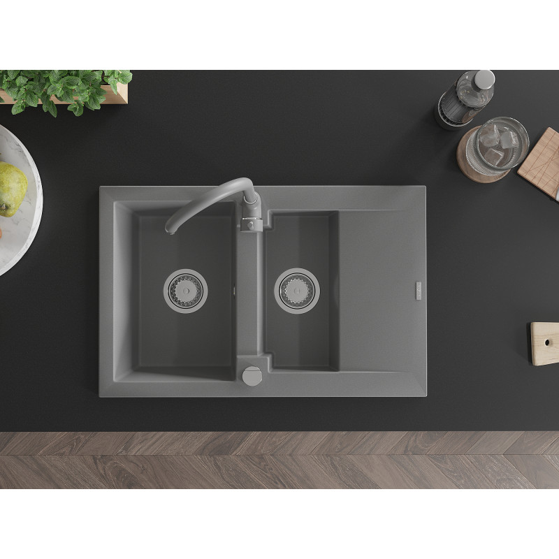 Mexen Gaspar Telma Gray 1.5-Bowl Granite Sink with Drainer and Kitchen Faucet - 6507-71-670200-71