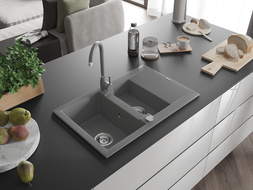 Mexen Gaspar 1.5-compartment granite sink with a drip tray and kitchen mixer tap Telma, Grey - 6507-71-670200-71