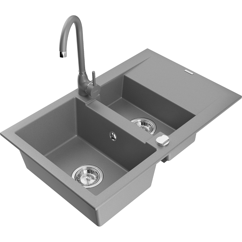 Mexen Gaspar 1.5-compartment granite sink with a drip tray and kitchen mixer tap Telma, Grey - 6507-71-670200-71