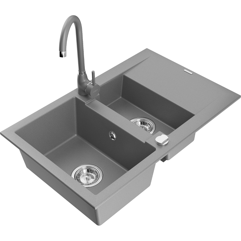 Mexen Gaspar granite sink 1.5-bowl with drainer and Telma kitchen tap, grey - 6507-71-670200-71