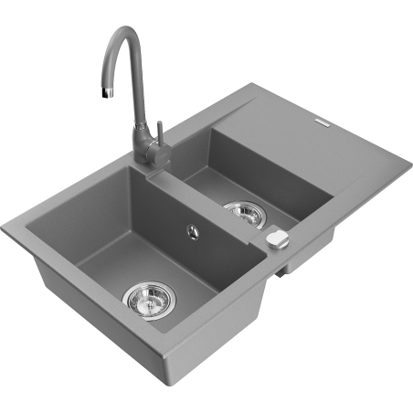 Mexen Gaspar granite sink 1.5-bowl with drainer and Telma kitchen tap, grey - 6507-71-670200-71