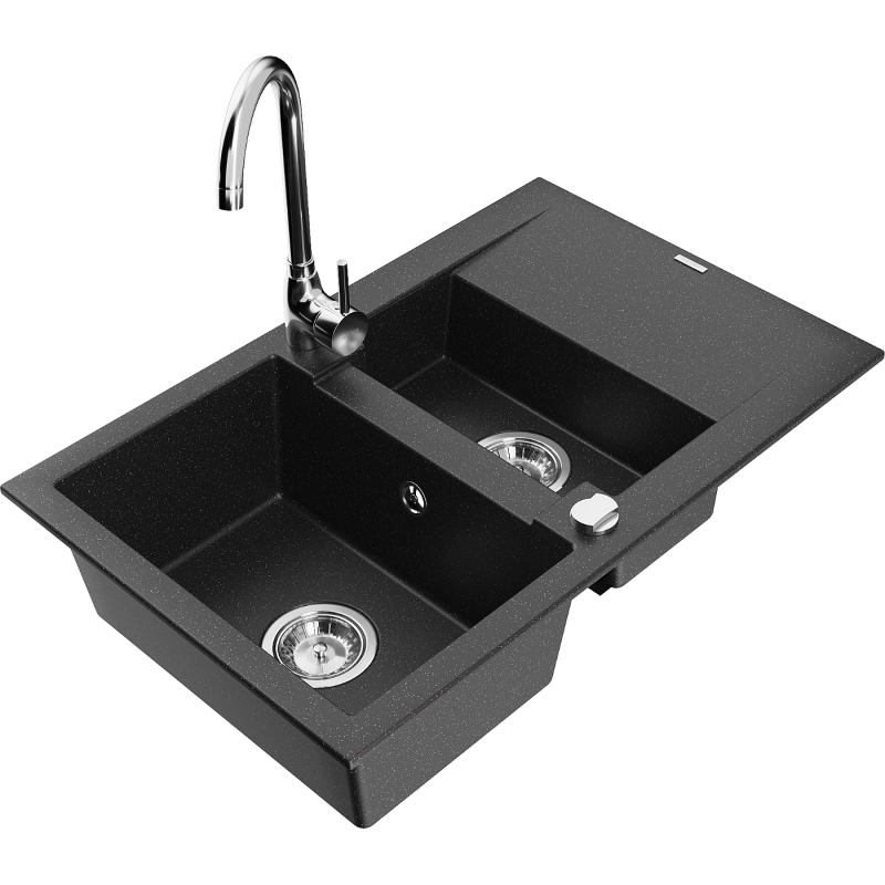 Mexen Gaspar 1.5-bowl granite kitchen sink with drainer and Telma kitchen tap, black/silver - 6507-73-670200-00
