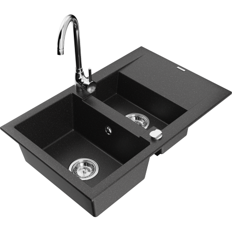 Mexen Gaspar granite sink 1.5-bowl with drainer and Telma kitchen faucet, black/silver - 6507-73-670200-00