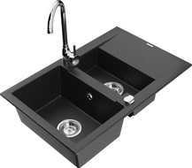 Mexen Gaspar granite sink 1.5-bowl with drainer and Telma kitchen faucet, black/silver - 6507-73-670200-00