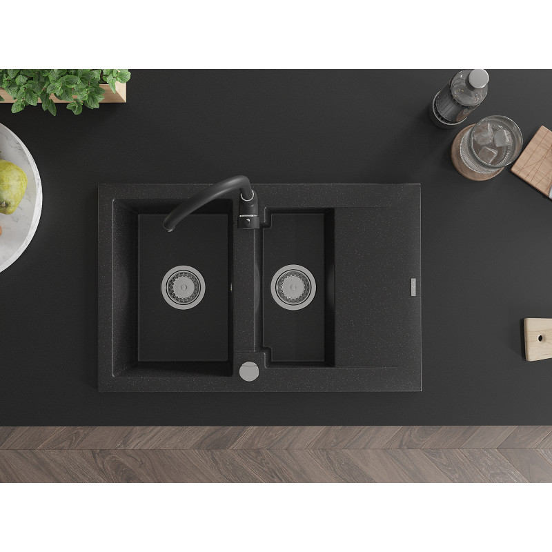 Mexen Gaspar 1.5-bowl granite sink with drainer and Telma kitchen faucet, black/silver - 6507-73-670200-70