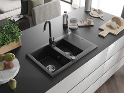 Mexen Gaspar 1.5-bowl granite sink with drainer and Telma kitchen faucet, black/silver - 6507-73-670200-70