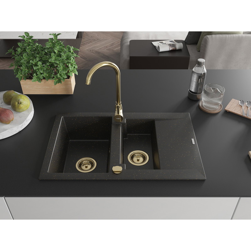 Mexen Gaspar 1.5-bowl granite sink with drainer and Telma kitchen faucet, black/gold - 6507-75-670200-50