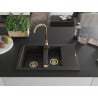 Mexen Gaspar 1.5-bowl granite sink with drainer and Telma kitchen faucet, black/gold - 6507-75-670200-50