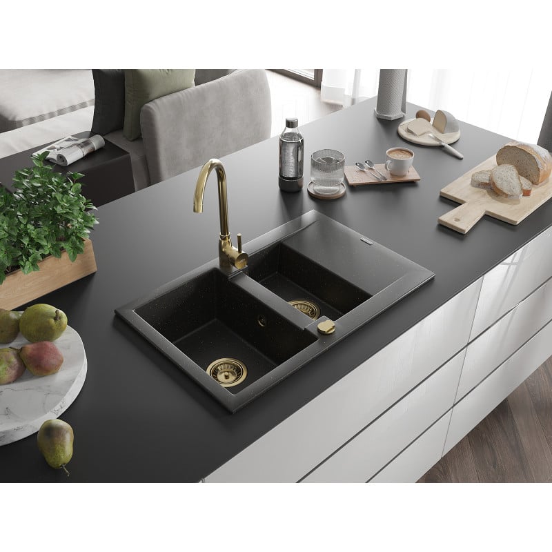 Mexen Gaspar 1.5-bowl granite sink with drainer and Telma kitchen faucet, black/gold - 6507-75-670200-50