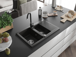 Mexen Gaspar granite sink 1.5-bowl with drainer and Telma kitchen faucet, black/gold - 6507-75-670200-70