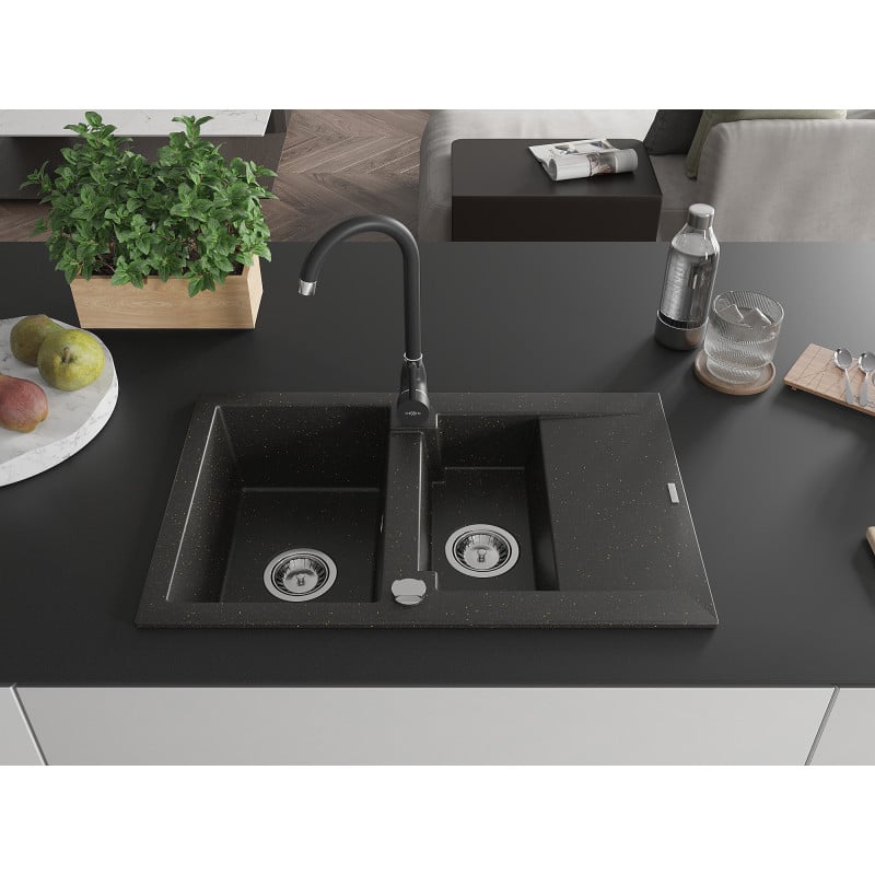Mexen Gaspar granite sink 1.5-bowl with drainer and Telma kitchen faucet, black/gold - 6507-75-670200-70