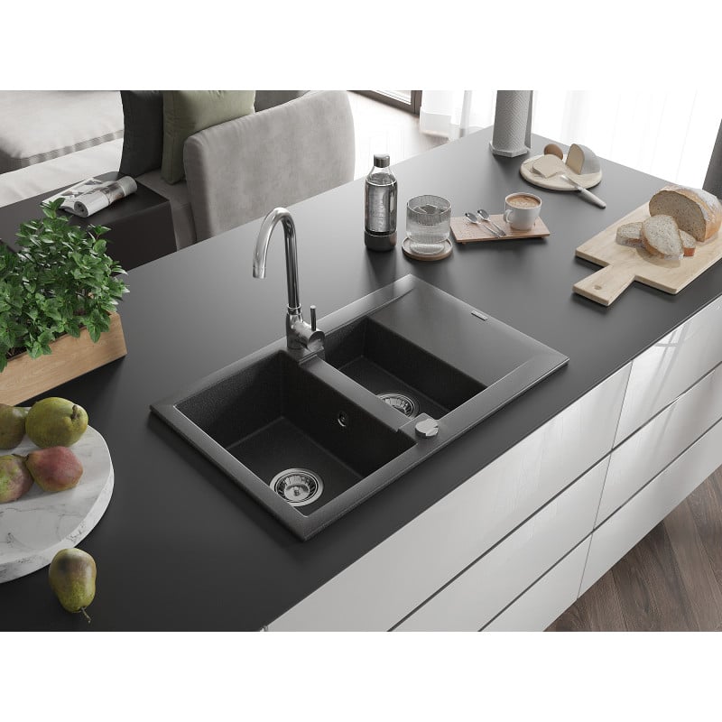 Mexen Gaspar granite sink 1.5-bowl with drainer and Telma kitchen faucet, speckled black - 6507-76-670200-00