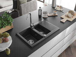 Mexen Gaspar granite sink 1.5-bowl with drainer and Telma kitchen tap, black speckled - 6507-76-670200-00