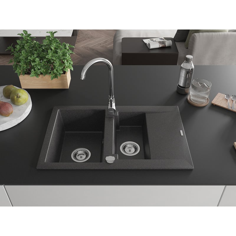 Mexen Gaspar granite sink 1.5-bowl with drainer and Telma kitchen faucet, speckled black - 6507-76-670200-00