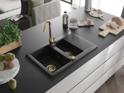 Mexen Gaspar granite sink 1.5-bowl with drainer and Telma kitchen faucet, black - 6507-77-670200-50