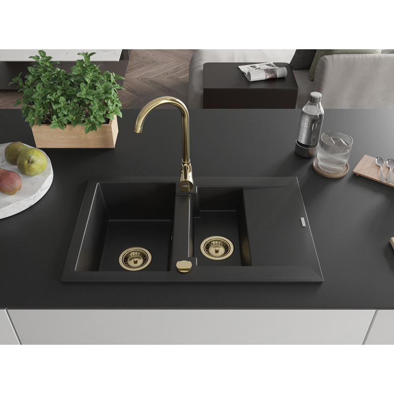 Mexen Gaspar granite sink 1.5-bowl with drainer and Telma kitchen faucet, black - 6507-77-670200-50