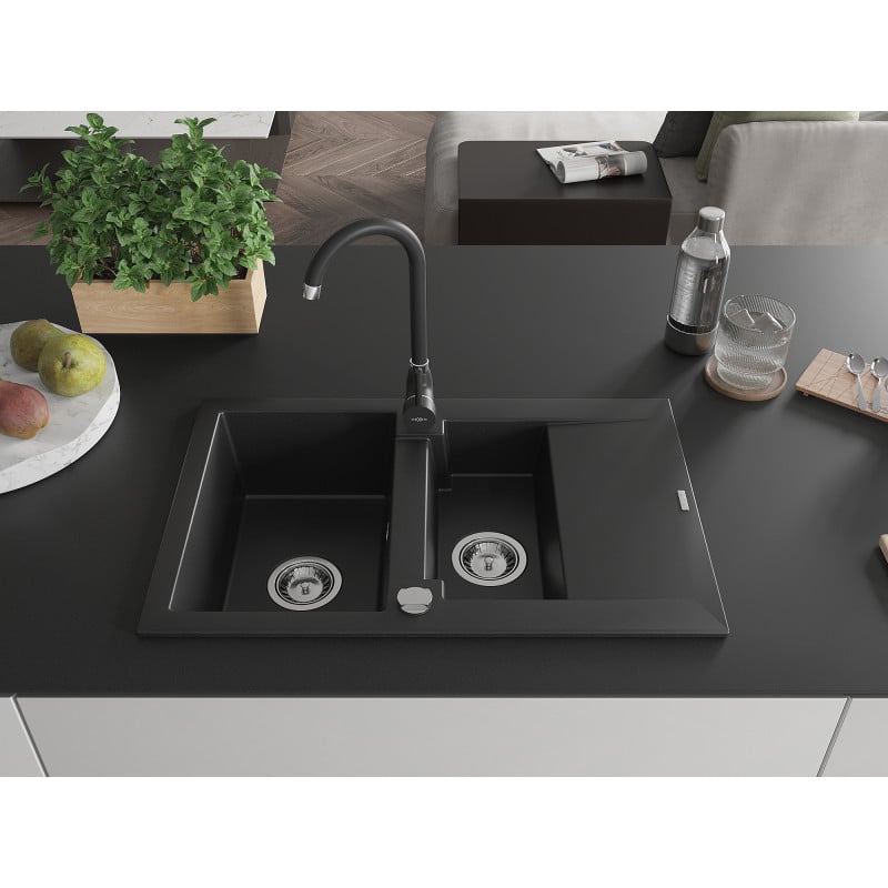 Mexen Gaspar 1.5-Bowl Granite Sink with Drainer and Kitchen Faucet Telma, Black - 6507-77-670200-70