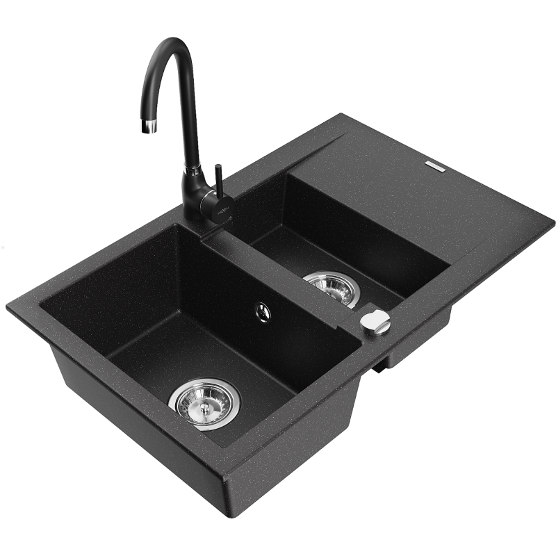 Mexen Gaspar 1.5-bowl granite sink with drainer and Telma kitchen faucet, black/silver - 6507-73-670200-70