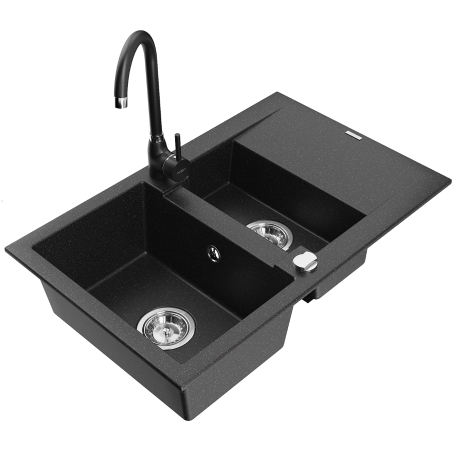 Mexen Gaspar 1.5-bowl granite sink with drainer and Telma kitchen faucet, black/silver - 6507-73-670200-70
