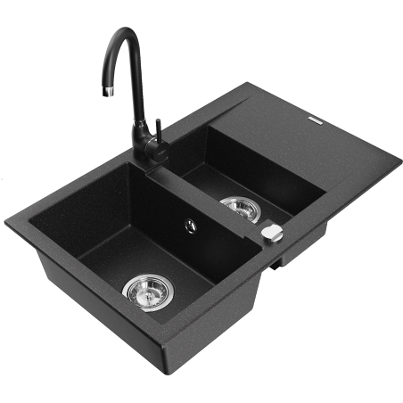 Mexen Gaspar 1.5-compartment granite sink with a drip tray and kitchen mixer tap Telma, Black/Silver - 6507-73-670200-70
