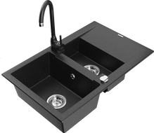 Mexen Gaspar 1.5-bowl granite sink with drainer and Telma kitchen faucet, black/silver - 6507-73-670200-70