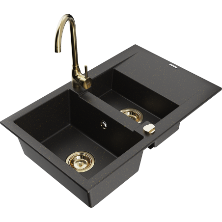 Mexen Gaspar 1.5-bowl granite sink with drainer and Telma kitchen faucet, black/gold - 6507-75-670200-50
