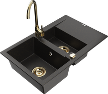 Mexen Gaspar 1.5-bowl granite sink with drainer and Telma kitchen faucet, black/gold - 6507-75-670200-50