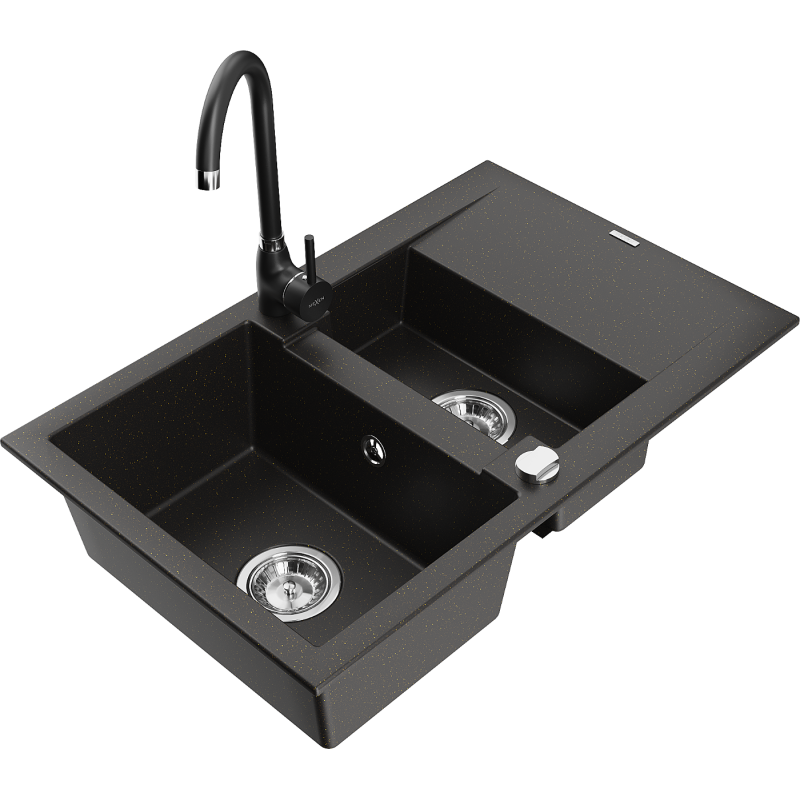 Mexen Gaspar granite sink 1.5-bowl with drainer and Telma kitchen faucet, black/gold - 6507-75-670200-70