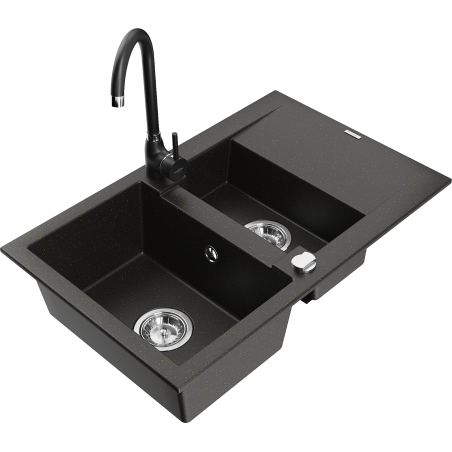 Mexen Gaspar granite sink 1.5-bowl with drainer and Telma kitchen faucet, black/gold - 6507-75-670200-70